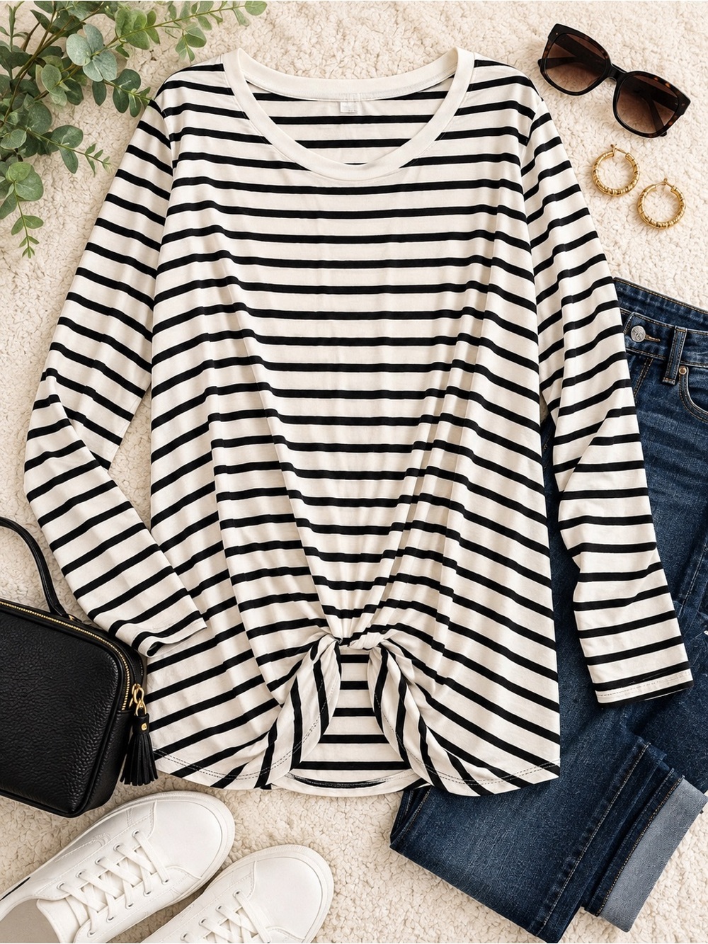 24/7 by maurices 2X Black & White Striped Knot-Front Long-Sleeve Top